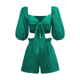 Green 100%Rayon Tie Front Top and Shorts Set TQK710445-9