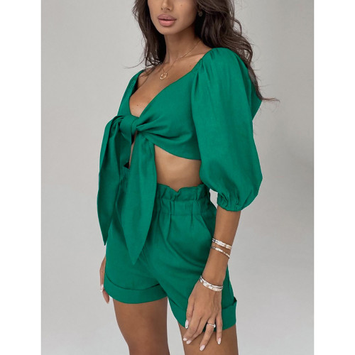 Green 100%Rayon Tie Front Top and Shorts Set TQK710445-9