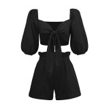 Black 100%Rayon Tie Front Top and Shorts Set TQK710445-2