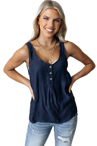 Navy Striped Print Buttons Tank Top LC2565127-5