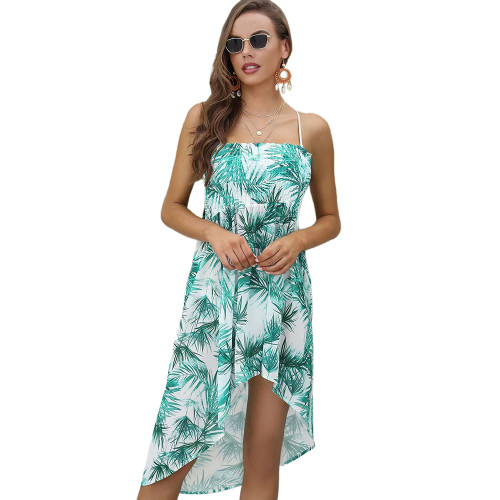 Green Leaf Print Swallowtail Chiffon  Beach Dress TQK650097-9