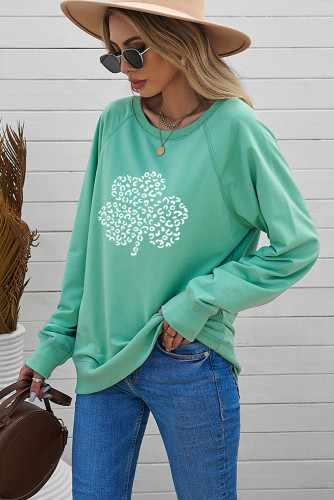 Green Leopard Clover Print Long Sleeve Sweatshirt LC25311692-109