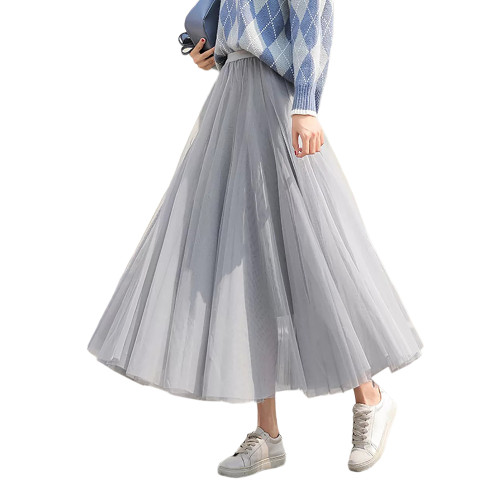 Light Gray Mesh Pleated A-line Maxi Skirt TQK360045-25