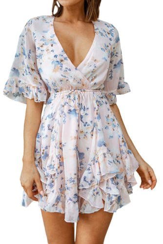 Pink Floral Print Flared Sleeve Ruffle Dress LC2211175-10