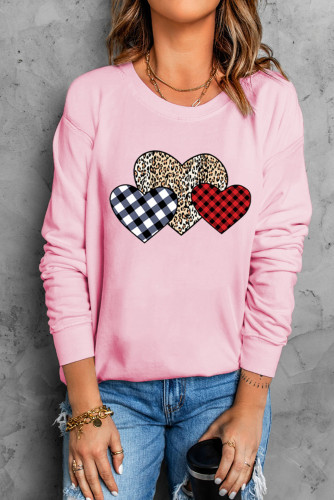 Pink Plaid Leopard Hearts Print Drop Sleeve Pullover Sweatshirt LC25311727-10
