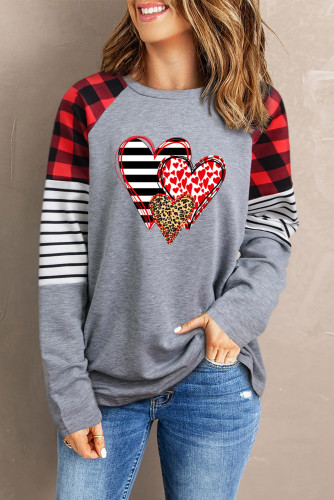 Gray Valentine Hearts Print Plaid Striped Long Sleeve Top LC25213954-11