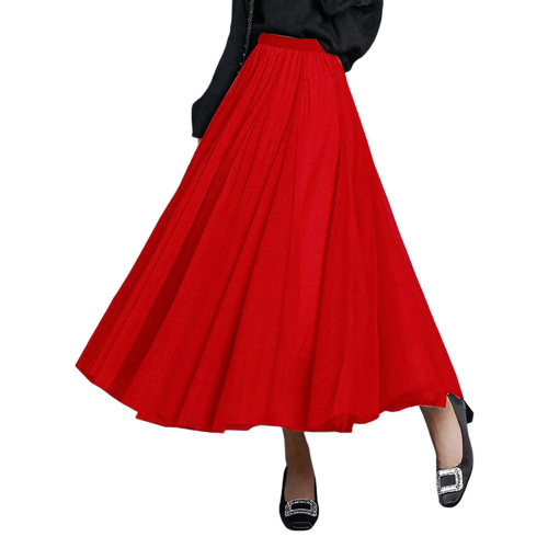 Red Mesh Pleated Swing Maxi Skirt TQK360046-3