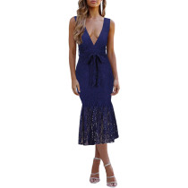 Navy Blue Lace Deep V Neck Mermaid Evening Dress TQK310833-34