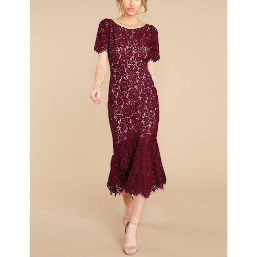 Wine Red Lace Low Back Mermaid Party Dress TQK310835-23
