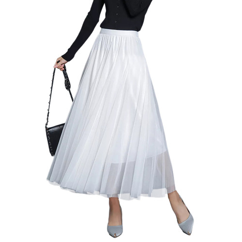 White Mesh Pleated Swing Maxi Skirt TQK360046-1