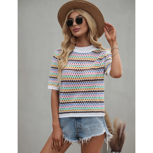 White Colorblock Striped Hollow Out Knit Sweater TQK271394-1