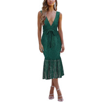 Dark Green Lace Deep V Neck Mermaid Evening Dress TQK310833-36