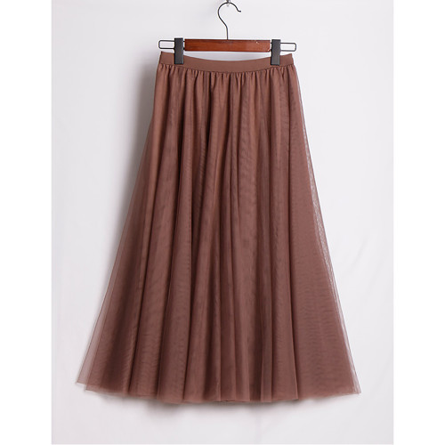 Brown Mesh Pleated Swing Maxi Skirt TQK360046-17