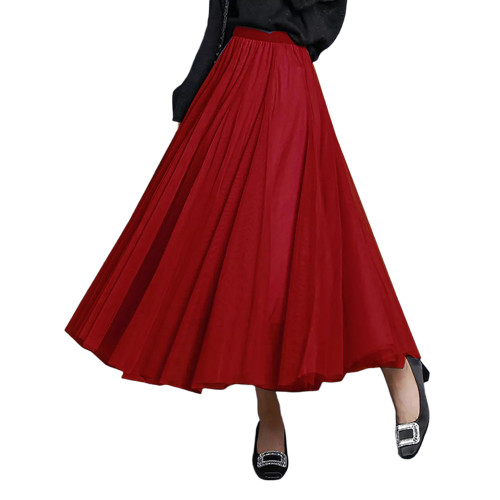 Wine Red Mesh Pleated Swing Maxi Skirt TQK360046-23