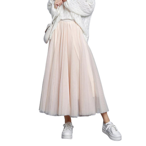 Apricot Mesh Pleated Swing Maxi Skirt TQK360046-18