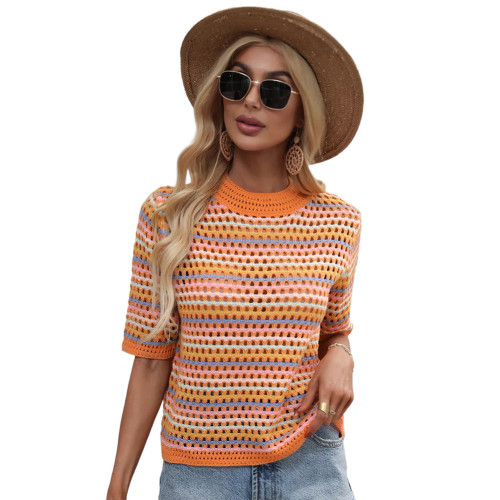 Orange Colorblock Striped Hollow Out Knit Sweater TQK271394-14