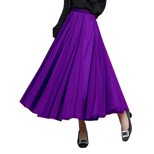 Purple Mesh Pleated Swing Maxi Skirt TQK360046-8