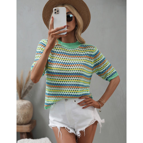 Light Green Colorblock Striped Hollow Out Knit Sweater TQK271394-28