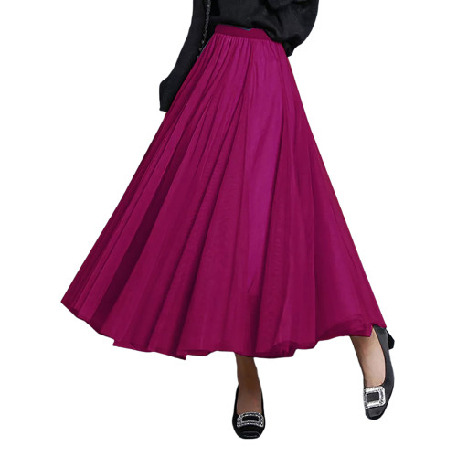 Purple Red Mesh Pleated Swing Maxi Skirt TQK360046-32