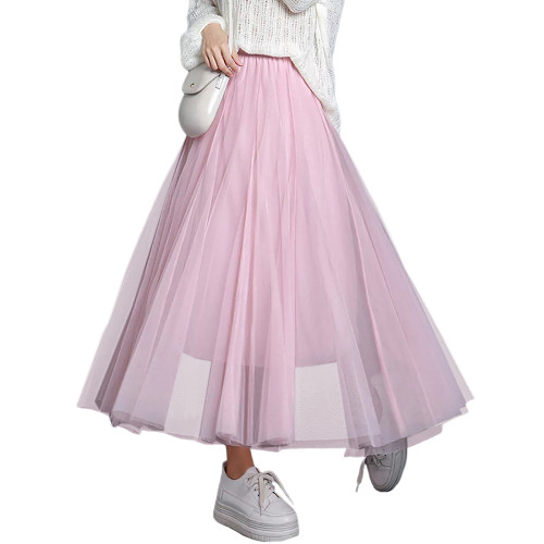 Pink Mesh Pleated Swing Maxi Skirt TQK360046-10