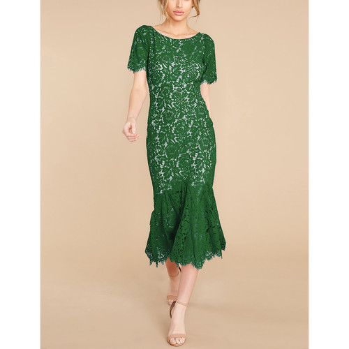 Green Lace Low Back Mermaid Party Dress TQK310835-9