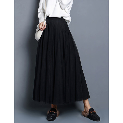 Black Mesh Pleated Swing Maxi Skirt TQK360046-2