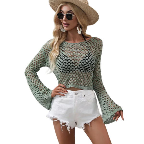 Pea Green Hollow Out Long Sleeve Beach Cover up TQK650098-64