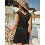 Black Splicing Crochet V Neck Sleevelss Beach Cover Dress TQK650099-2
