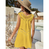 Yellow Splicing Crochet V Neck Sleevelss Beach Cover Dress TQK650099-7