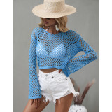 Blue Hollow Out Long Sleeve Beach Cover up TQK650098-5
