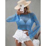 Blue Hollow Out Long Sleeve Beach Cover up TQK650098-5