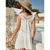 White Splicing Crochet V Neck Sleevelss Beach Cover Dress TQK650099-1