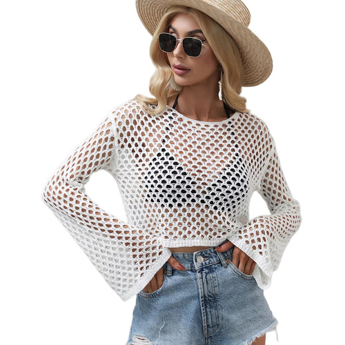 White Hollow Out Long Sleeve Beach Cover up TQK650098-1