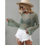 Pea Green Hollow Out Long Sleeve Beach Cover up TQK650098-64