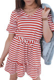 Red Ruffled V Neck Tie Waist Striped Mini Dress LC2211513-3