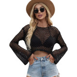 Black Hollow Out Long Sleeve Beach Cover up TQK650098-2