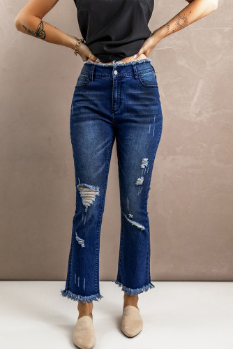 Blue Frayed Ripped High Waist Flare Jeans LC783830-5