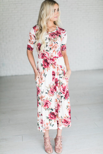 Short Sleeve Floral Long Dress with Pockets LC619097-3