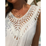 White Splicing Crochet V Neck Sleevelss Beach Cover Dress TQK650099-1