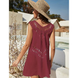 Wine Red Splicing Crochet V Neck Sleevelss Beach Cover Dress TQK650099-23