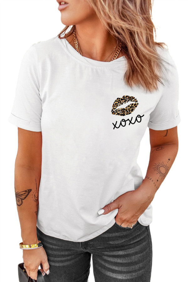 White XOXO Leopard Lip Print Short Sleeve T Shirt LC25214139-1