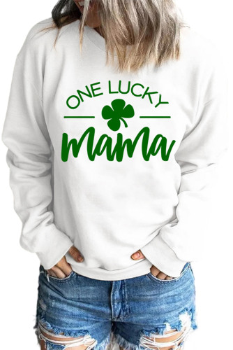 White ONE LUCKY mama Clover Pattern Crew Neck Sweatshirt LC25311745-1