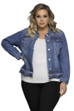 Blue Buttoned Turn Down Collar Plus Size Denim Jacket LC851141-5