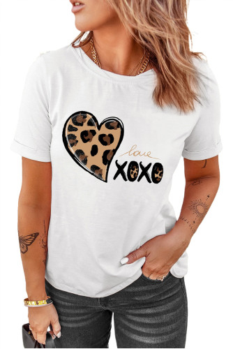 White Leopard Heart Letter Print O-neck Short Sleeve Top LC25214067-1
