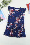 Blue Floral Print Pocketed Ruffled Short Sleeve Girl's Mini Dress TZ61353-5