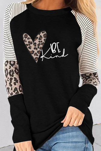 Black Be Kind Heart Striped Leopard Color Block Long Sleeve Top LC25214183-2