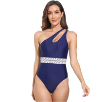 Navy Blue Splicing One Shoulder One Piece Swimsuit TQK620156-34