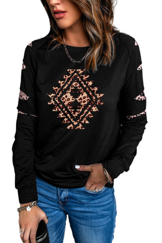 Black Western Leopard Print Cut-out Long Sleeve Sweatshirt LC25311705-2
