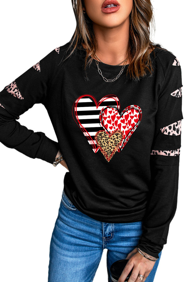 Black Valentine Heart Print Leopard Patchwork Long Sleeve Top LC25311759-2