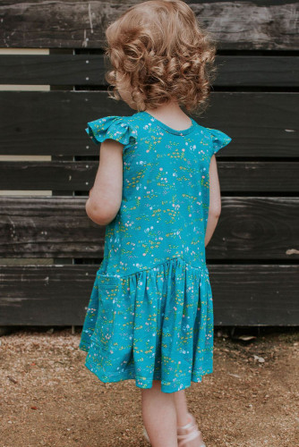 Green Floral Print Pocketed Ruffled Short Sleeve Girl's Mini Dress TZ61353-9